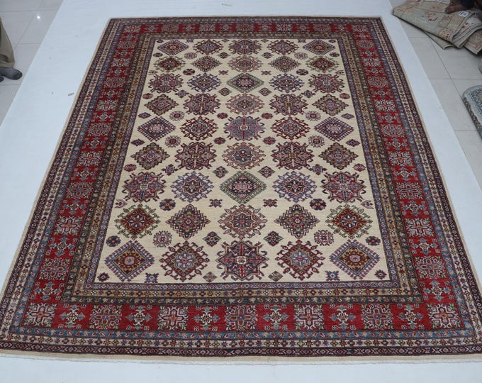 8 X 10 ft Red and Beige Geomatrical Handmade , Super Kazak Cotton and Wool
