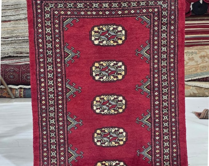 2 X 3 ft Red Geometrical Handmade, Mori Bokhara Rug Cotton and Wool