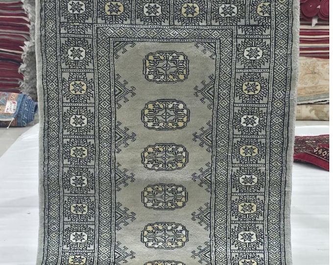2.5 X 4 ft Gray Geometrical Handmade, Mori Bokhara Rug Cotton and Wool
