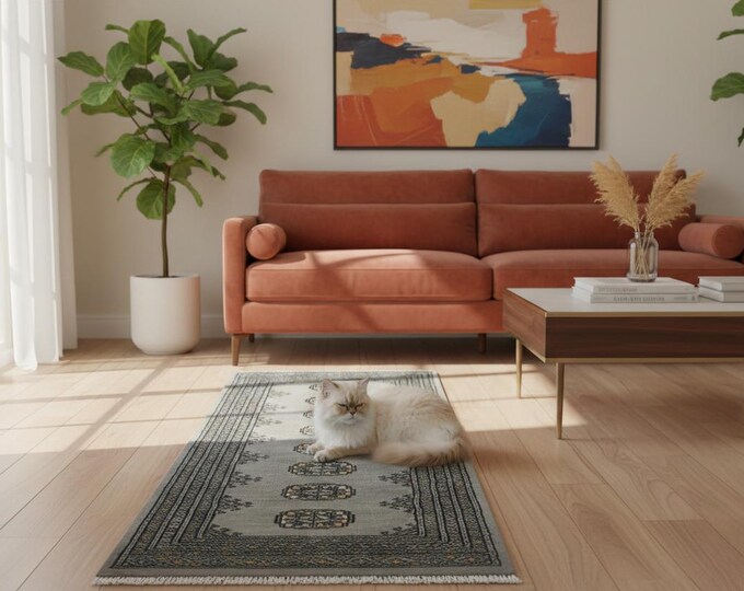 2.1 X 6.1 ft Gray Geomatrical Runner Handmade, Mori Bokhara Cotton and Wool