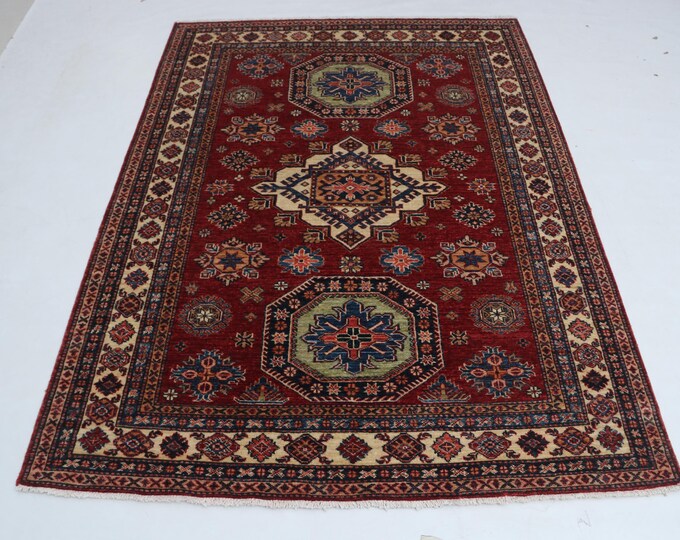 4.10 X 6.7 ft Red and Beige Geomatrical Handmade, Super Kazak Cotton and Wool