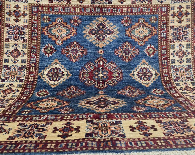 3 X 3 ft Handmade Floral Super Kazak Rug, Blue and Beige , Cotton and Wool