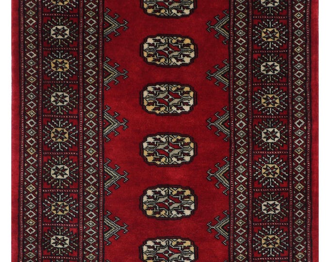 2.5 X 4 ft Red Geometrical Handmade , Mori Bokhara Cotton and Wool