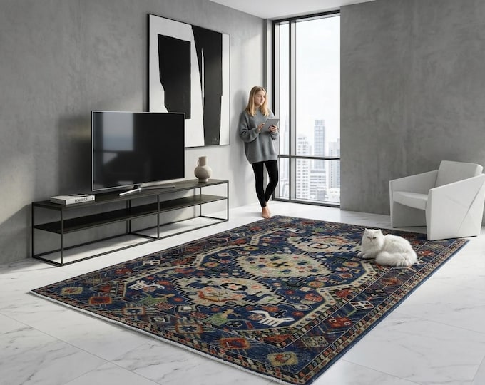 4.1 X 5.9 ft Blue Floral Handmade  ,Heriz Cotton and Wool