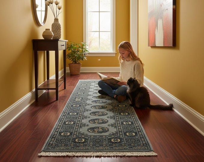 2.1 X 5.11 ft Gray Geomatrical Runner Handmade, Mori Bokhara Cotton and Wool