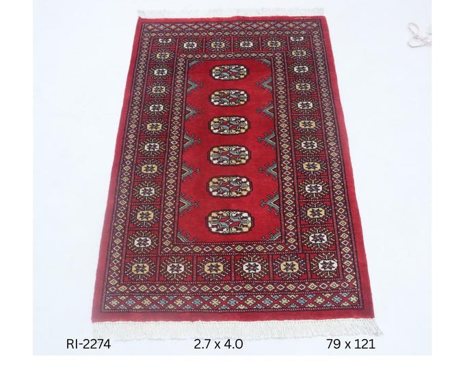 Hand-knotted Mohri Bokhara Cotton and Wool Rug, Geomatrical in Red base and Red border, 2.7 x 4.0 ft