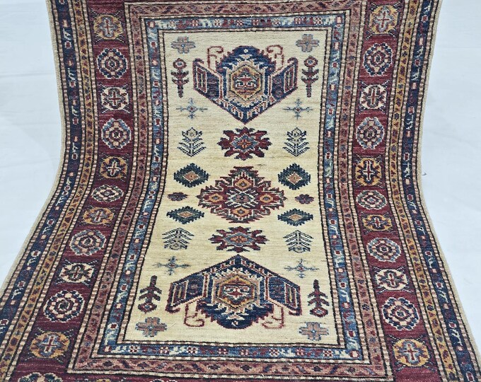 2.5 X 4 ft Handmade Geometrical Super Kazak Rug, Beige and Red, Cotton and Wool