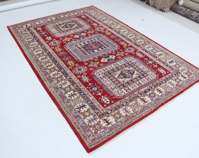 5 X 8 ft Red and Beige Geomatrical Handmade, Super Kazak Cotton and Wool