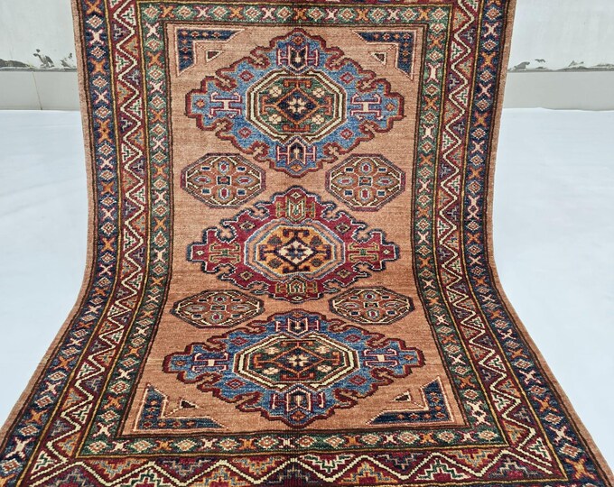 2.5 X 4 ft Handmade Floral Super Kazak Rug, Brown, Cotton and Wool
