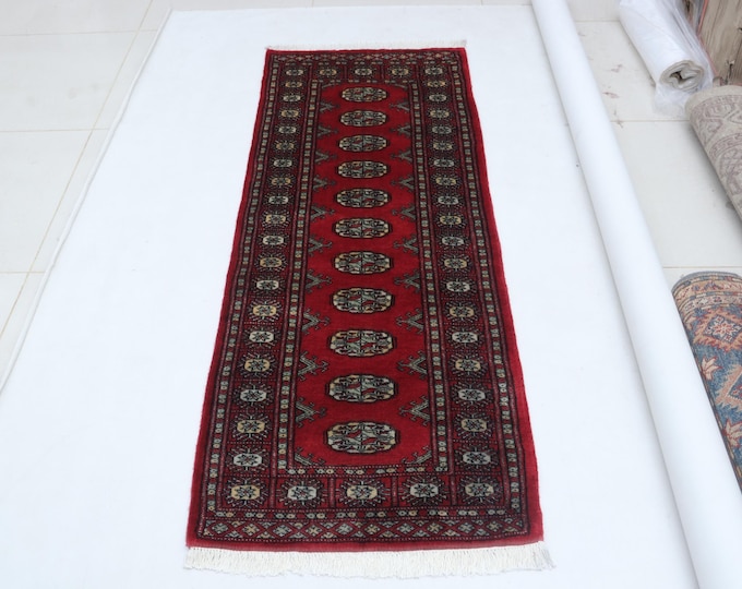 2.1 X 5.8 ft Red Geomatrical Runner Handmade, Mori Bokhara Cotton and Wool