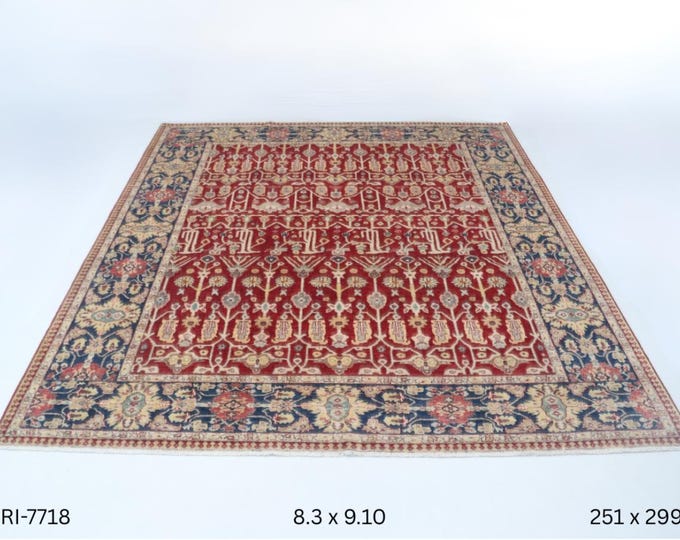 Hand-knotted Heriz Cotton and Wool Rug, Floral in Red base and Blue border, 8.3 x 9.10 ft