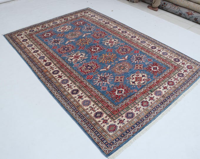 5.3 X 7.8 ft Blue and Beige Geomatrical Handmade , Super Kazak Cotton and Wool