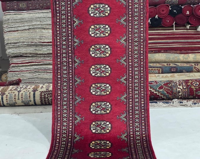 2 X 6 ft Red Geometrical Handmade Runner, Mori Bokhara Cotton and Wool