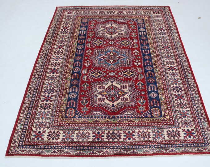 4.10 X 6.4 ft Red and Beige Geomatrical Handmade , Super Kazak Cotton and Wool