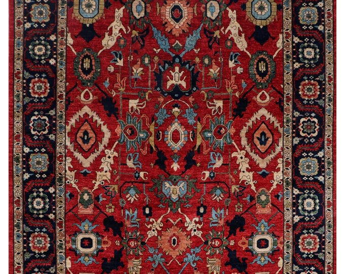 8.10 X 11.4 ft Red and Blue Floral Handmade ,Heriz Cotton and Wool