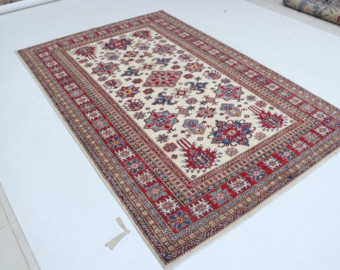 5.5 X 8.3 ft Beige and Red Geomatrical Handmade, Super Kazak Cotton and Wool