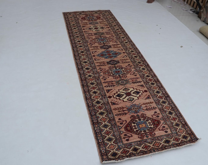 3 X 9 ft Copper and Beige Geomatrical Handmade Runner, Super Kazak Cotton and Wool