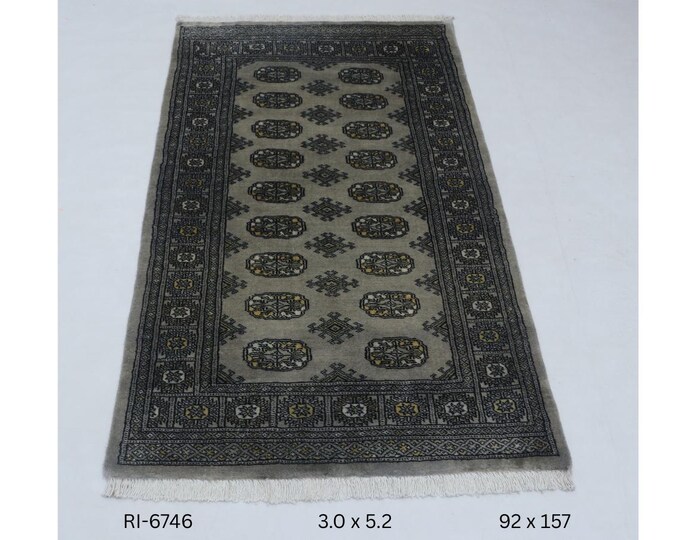 Hand-knotted Mohri Bokhara Cotton and Wool Rug, Geomatrical in Gray base and Gray border, 3.0 x 5.2 ft