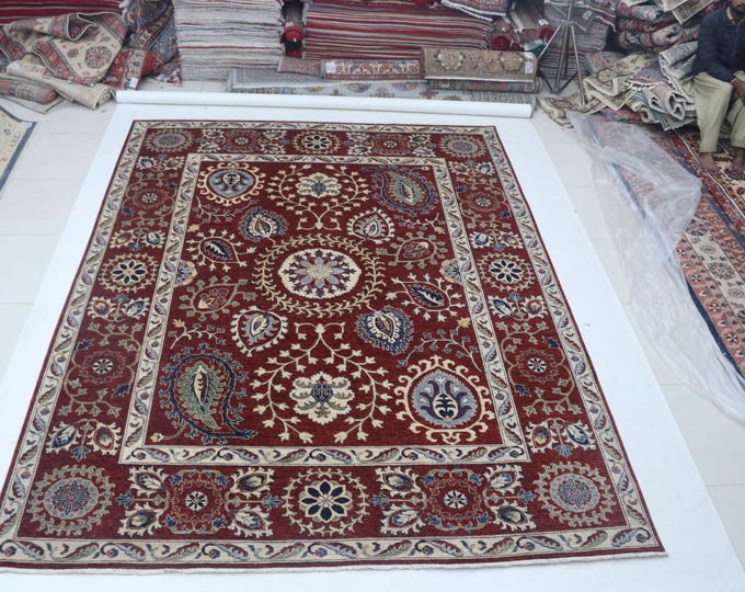 8.11 X 11.6 ft Red and Red Floral Handmade ,Heriz Cotton and Wool
