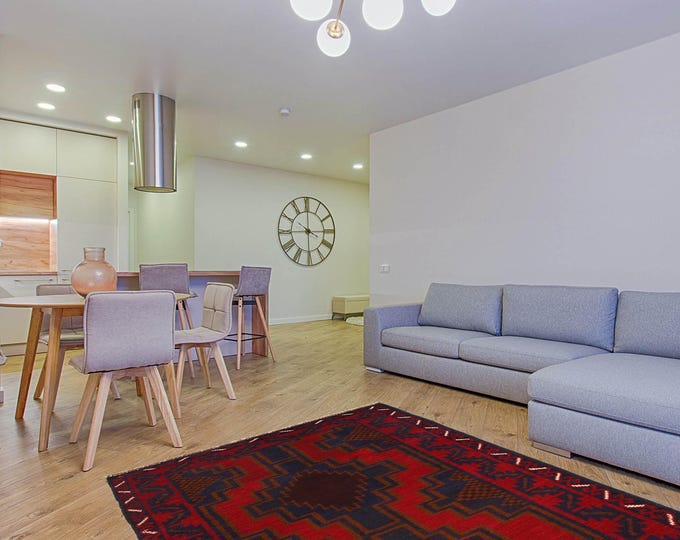 Hand-knotted Baluchi in Red and Blue 2.95 x 4.59 ft