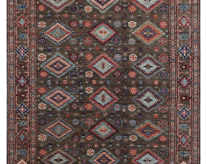 4.9 X 6.7 ft Gray Geomatrical Handmade , Super Kazak Cotton and Wool