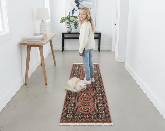 2.0 X 6.0 ft Copper Geomatrical Runner Handmade, Mori Bokhara Cotton and Wool