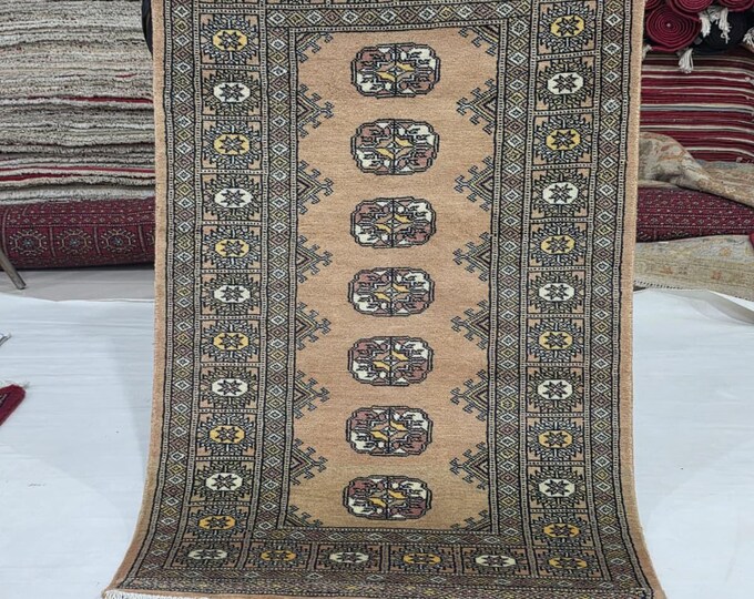 2.5 X 4 ft Brown Geometrical Handmade, Mori Bokhara Cotton and Wool