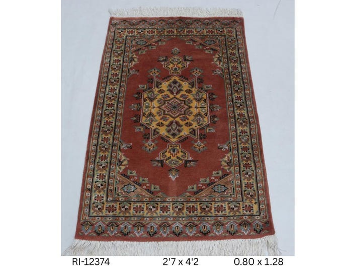 Hand-Knotted Wool & Silk Touch Rug, Copper Geometric Design, 2.7 x 4.2 ft