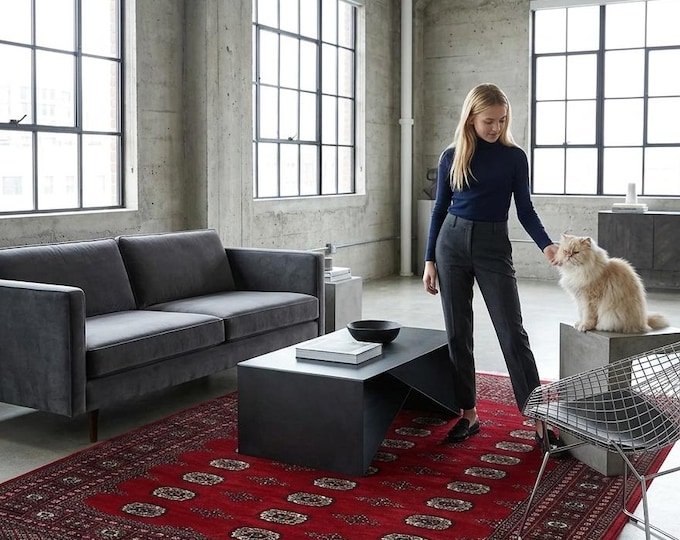 5.7 X 8.3 ft Red Geomatrical Runner Handmade, Mori Bokhara Cotton and Wool