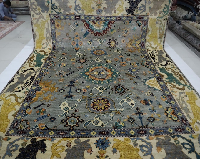 9x12 Gray Oushak Rug – Hand-Knotted Turkish Wool, Traditional Oriental Design