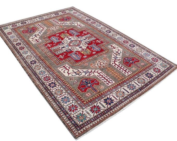 5.6 X 8.2 ft Gray and Beige Geomatrical Handmade , Super Kazak Cotton and Wool