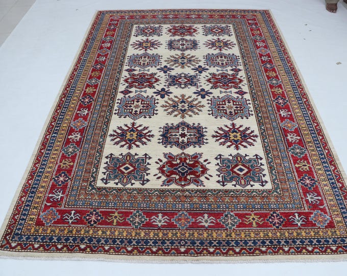 5.7 X 8.2 ft Beige and Red Geomatrical Handmade , Super Kazak Cotton and Wool