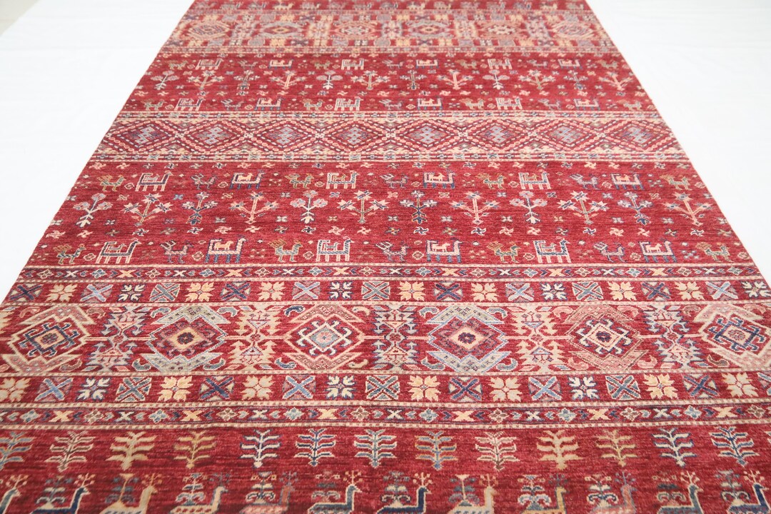 6x8 Red Khorjin Area Rug - Afghan Hand Made Tribal Animal Design Fine ...