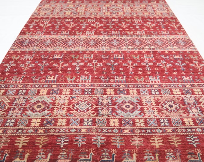 Handmade Red Afghan Area Rug – 5.6 x 7.9 ft, Tribal Wool Khorjin Rug