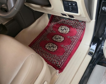 1.5 X 2 ft Geomatric Handmade Car Mats Pair, Red Wool Car Floor Rugs, Cotton and Wool Car Mats