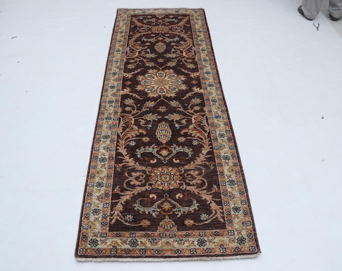 2.7 X 7.7 ft Brown and Beige Floral Handmade Runner ,Heriz Cotton and Wool