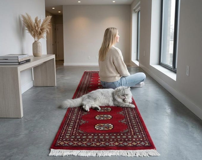 2.1 X 5.10 ft Red Geomatrical Runner Handmade, Mori Bokhara Cotton and Wool