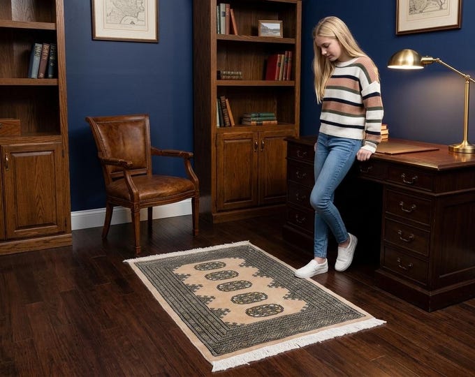 2.1 X 3.1 ft Beige Geomatrical Handmade ,Mori Bokhara Cotton and Wool