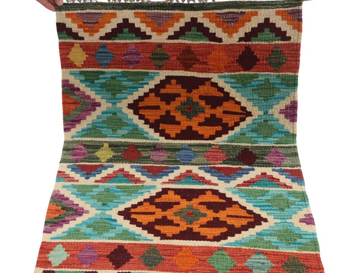 2 X 3 ft Handmade Geometrical Killim Rug, Muilty, Wool