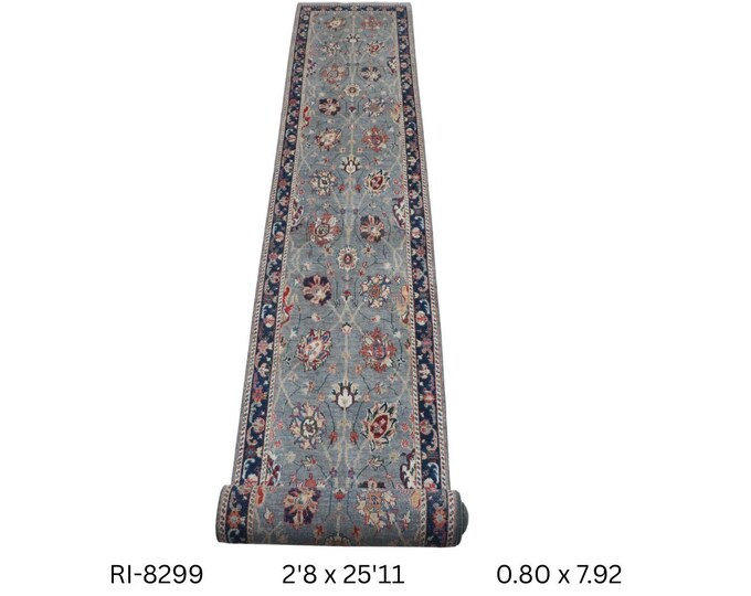 3 X 26 ft Gray and Blue Floral Handmade Runner, Chobi Cotton and Wool