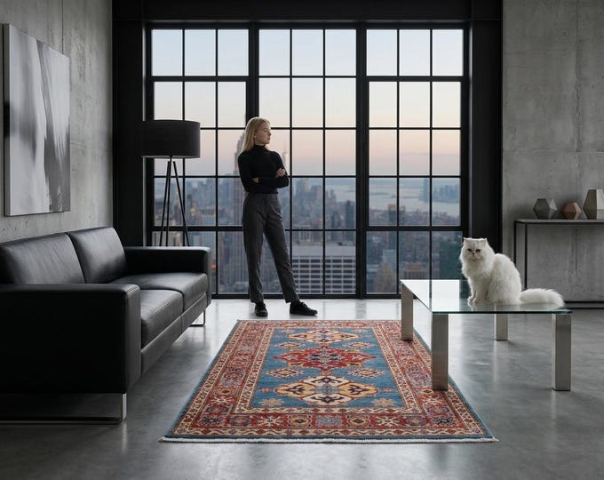 3 X 5 ft Blue and Red Geomatrical Handmade, Super Kazak Cotton and Wool