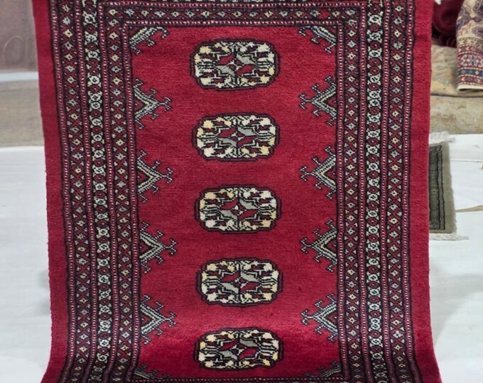 2 X 3 ft Red Geometrical Handmade, Mori Bokhara Cotton and Wool