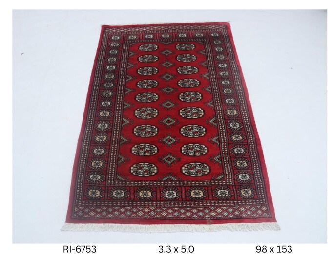 Hand-knotted Mohri Bokhara Cotton and Wool Rug, Geomatrical in Red base and Red border, 3.3 x 5.0 ft