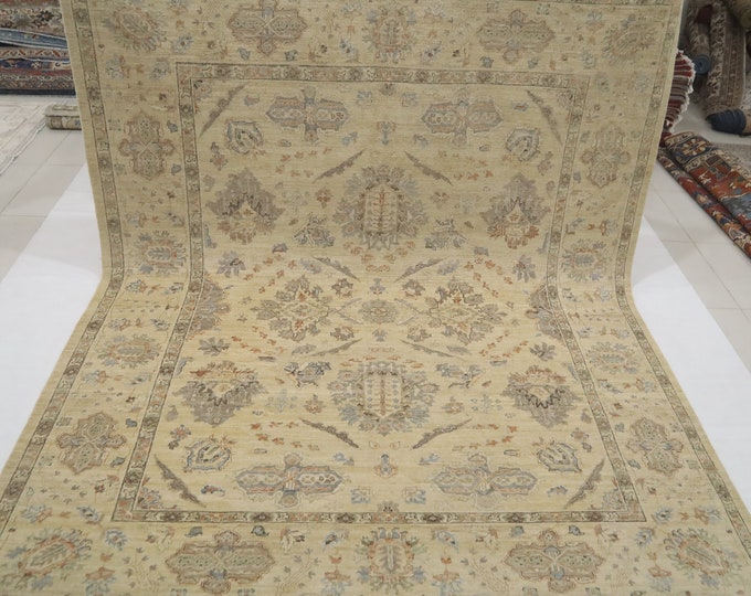 8x10 Beige Chobi Rug - Handmade Afghan Wool, Muted Oriental Design