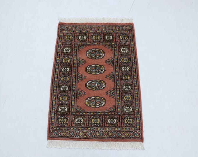 2.0 X 3.0 ft Copper Geomatrical Runner Handmade, Mori Bokhara Cotton and Wool