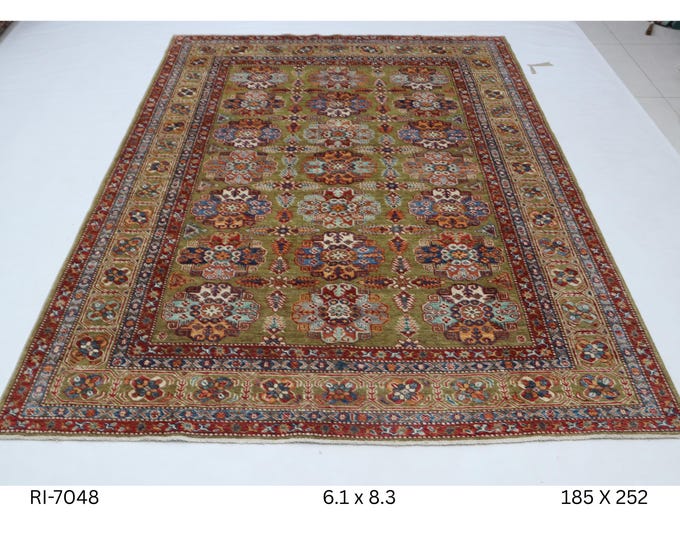 Hand-knotted Kazak Wool Rug, Green Beige Geometric Rug, 6.1 x 8.3 ft