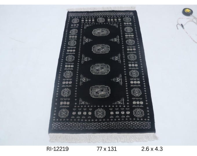 Hand-knotted Mori Bokhara Cotton and Wool Rug, Geomatrical in Black base and Black border, 2.6 x 4.3 ft