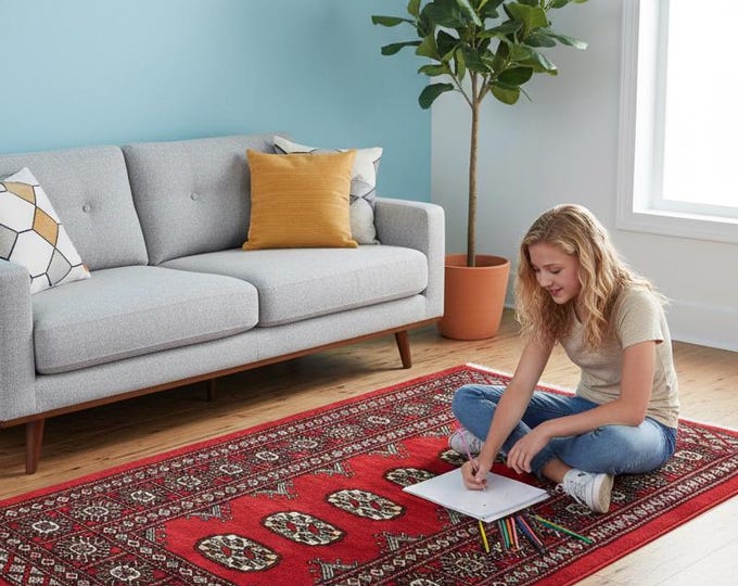 2.7 X 4.2 ft Red Geomatrical Handmade , Mori Bokhara Cotton and Wool