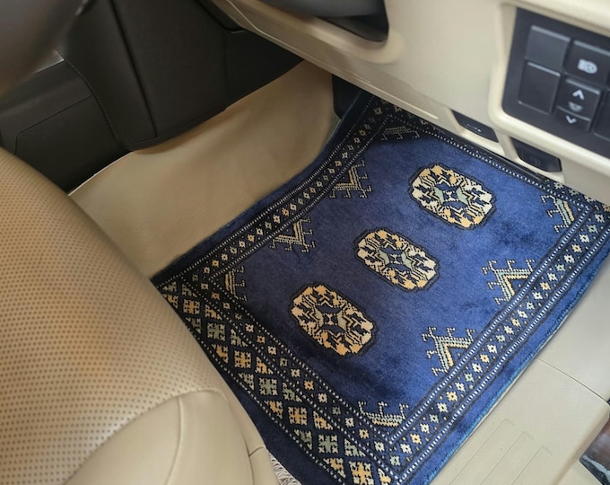1.5 X 2 ft Geomatric Handmade Car Mats Pair, Blue Wool Car Floor Rugs, Cotton and Wool