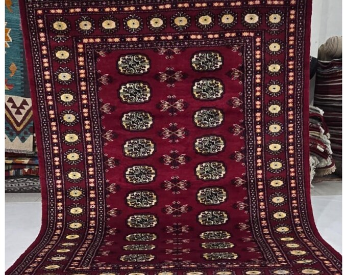 4 X 6 ft Red Geometrical Handmade , Mori Bokhara Cotton and Wool